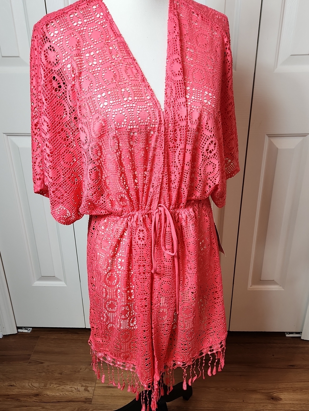 Crochet Tie-Waist Swim Coverup in Coral Pink